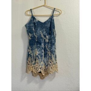 New style rack M  Papaya Blue Tie Dye Print  and Lace Romper Spaghetti Straps
